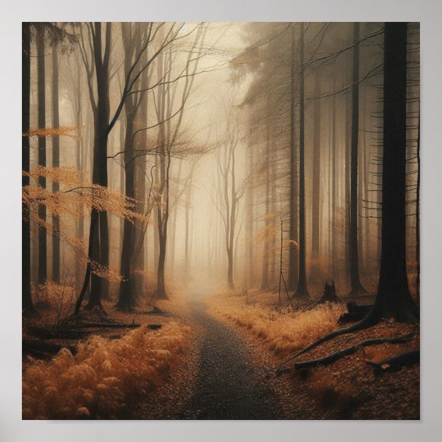 Poster Tranquil Foggy Trail Through Golden Autumn (Frente)
