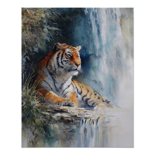 Pôster Tranquil Waterfall Tiger Misty Cliff Art (Frente)