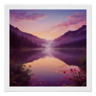 Pôster Tranquilo Sunset Sobre Lago Montanha