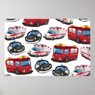 Pôster Transportes policiais, ambulatórios e bombeiros