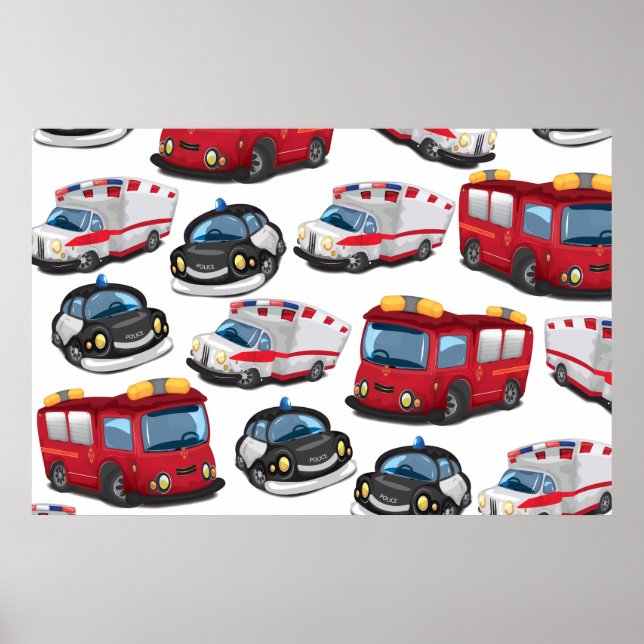 Pôster Transportes policiais, ambulatórios e bombeiros (Frente)
