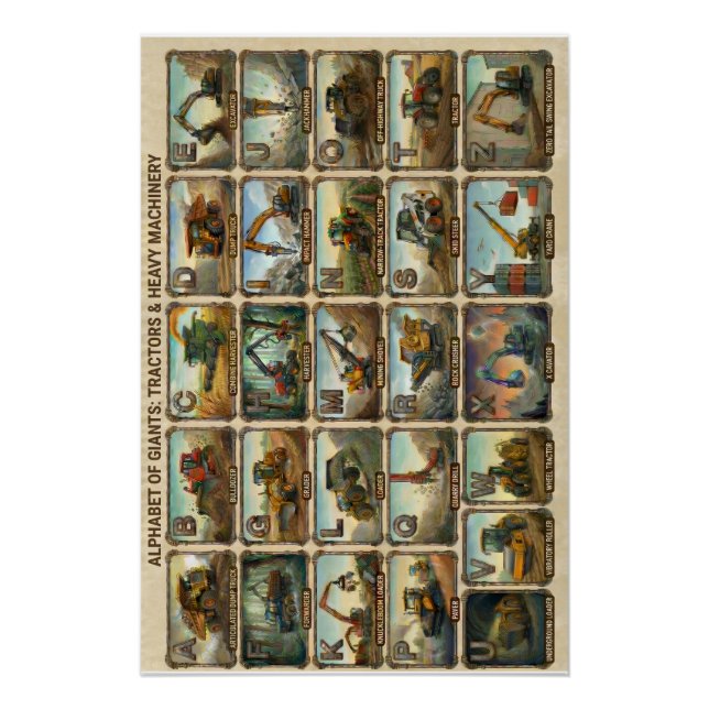 Pôster Tratores A-Z e Equipamentos Pesados Alfabeto (Frente)