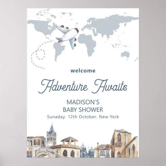 Poster Travel World Map Airplane Baby Shower Welcome  (Frente)
