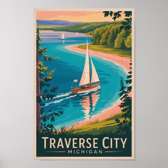 Poster Traverse City Michigan Illustration Viagem Art (Frente)