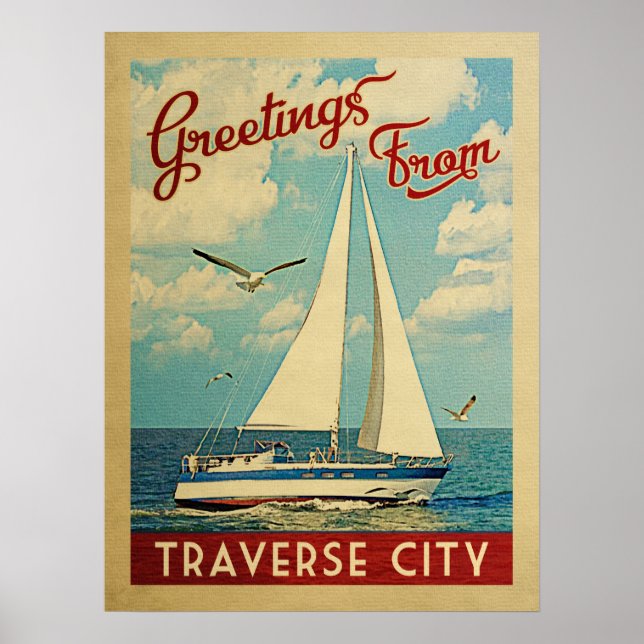 Poster Traverse City Sailboat Viagens vintage Michigan (Frente)