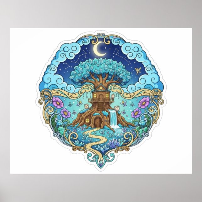Poster Tree House Under Moon Fantasy magical illustration (Frente)