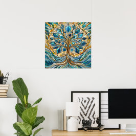 Poster Tree of Life Shattered Glass Mosaic Aqua Blues 