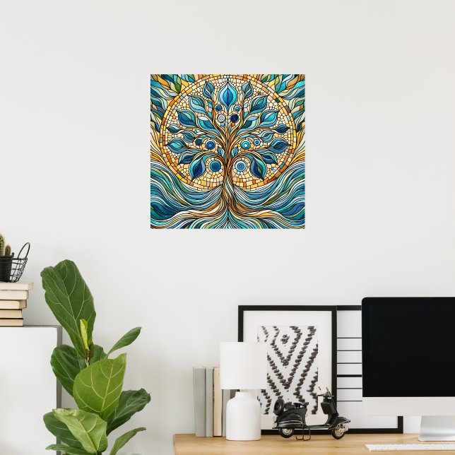 Poster Tree of Life Shattered Glass Mosaic Aqua Blues  (Escritório em casa)