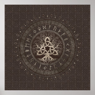 Poster Tree of life with Triquetra Brown Leather and gold