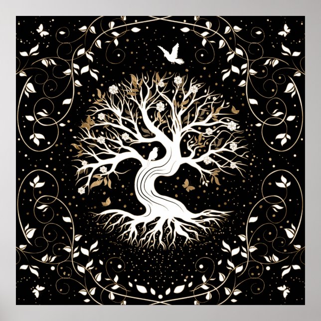 Poster Tree of Life - Yggdrasil - black white and gold (Frente)