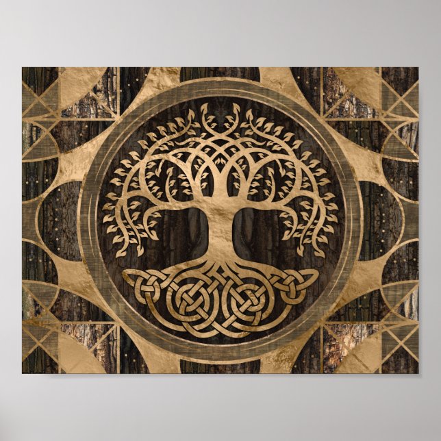 Poster Tree of life -Yggdrasil - Wood Bark and Gold (Frente)