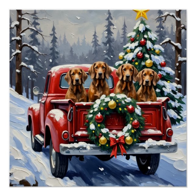Pôster Treeing Walker Coonhound Natal Caminhão Vermelho (Frente)