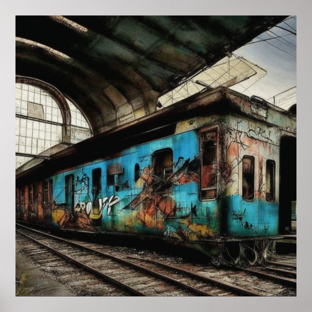 Poster Trem Abandonado com Arte Urbana de Grafite (Frente)