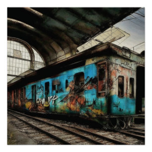 Pôster Trem Abandonado com Arte Urbana de Grafite