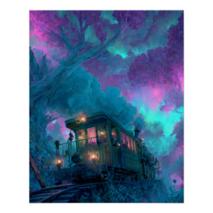 Pôster Trem de Floresta Mística Roxo Azul Turquesa Arte F