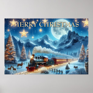Poster Trem de Natal ao Luar com Animais da Floresta