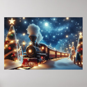 Poster Trem de Natal sob o Céu Estrelado ao Luar