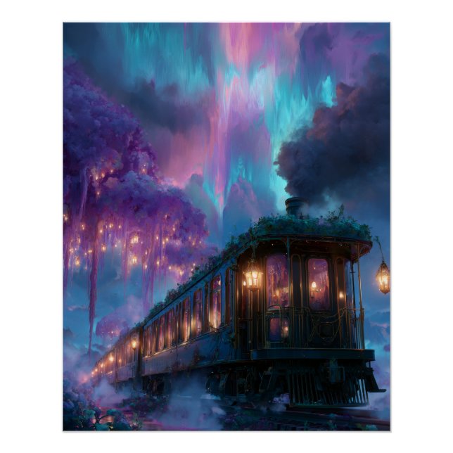 Pôster Trem Encantado da Aurora sob o Céu Estrelado (Frente)