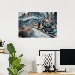 Poster Trem Vintage em Trilhos de Inverno com Montanhas