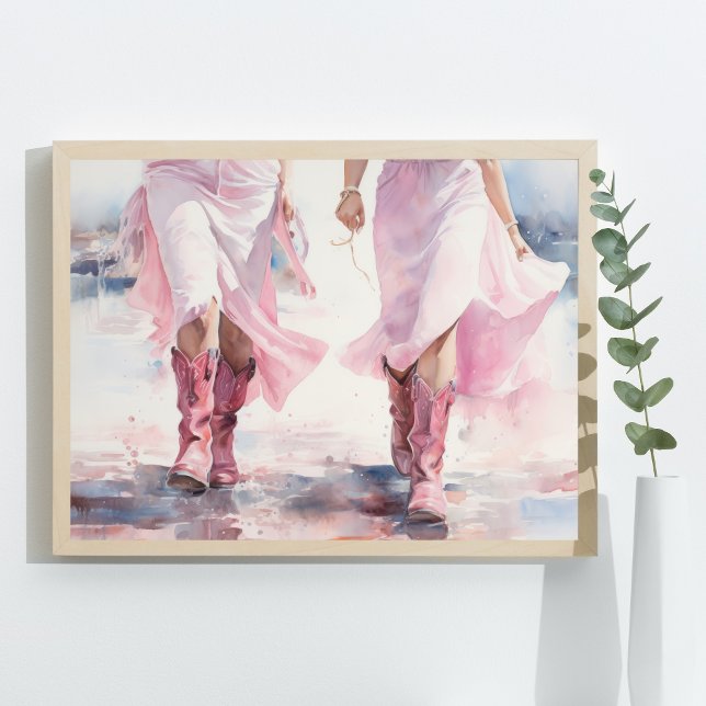 Poster Trendy CowGirl Boots Watercolor Caminhando na Prai (Preppy Cowgirl Boots walking on Beach Coastal Pink Blue Watercolor Poster Wall Art Print)