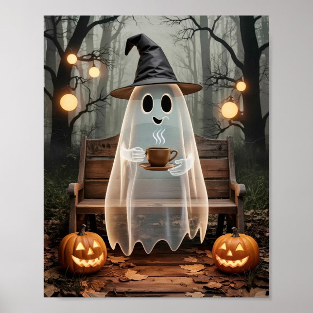 Poster Trendy Cute Ghost com Café na Floresta (Frente)