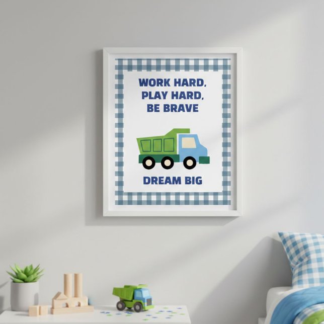 Poster Trendy Gingham Blue Work Hard Play Hard Boys Room  (Criador carregado)