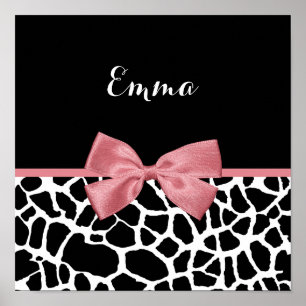 Poster Trendy Giraffe Print Rosy Pink Bow With Name