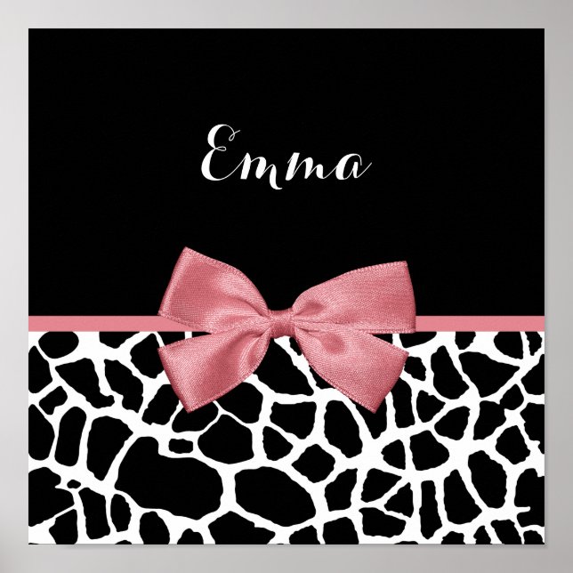 Poster Trendy Giraffe Print Rosy Pink Bow With Name (Frente)