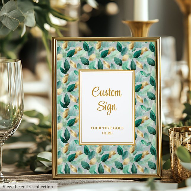 Poster Trendy Hunter Green Dourado Foliage Personalizado (Trendy Hunter Green Gold Foliage Wedding Custom Poster )