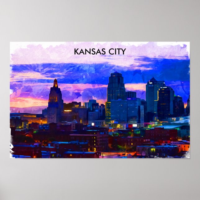 Poster Trendy Kansas City Skyline Viagem Watercolor (Frente)