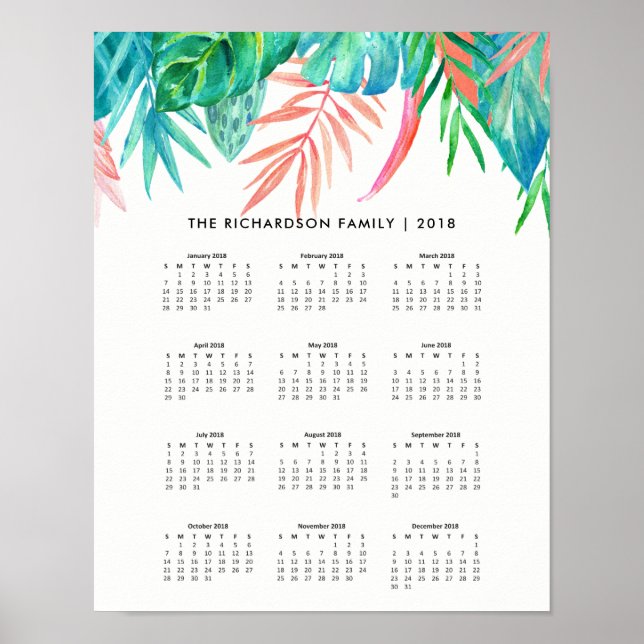 Poster Trendy Tropical Watercolor | Calendário 2018 (Frente)