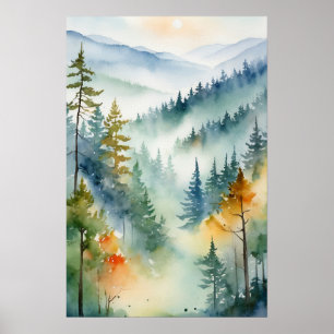 Poster Trendy Watercolor Green Pine Forest Mountain