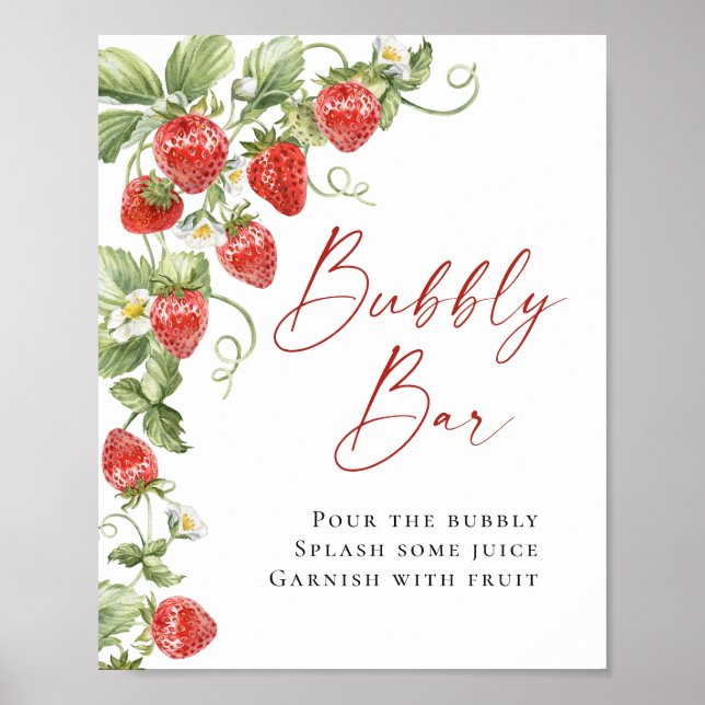 Poster Trendy Watercolor Strawberry Bridal Bar (Frente)
