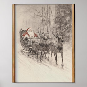 Poster Treno de Papai Noel Vintage Esboço da Floresta de