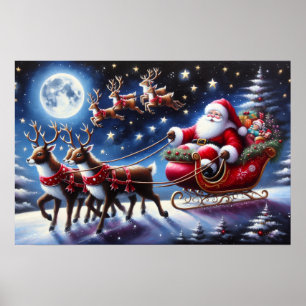 Poster Trenó do Papai Noel com Rena na Noite de Natal