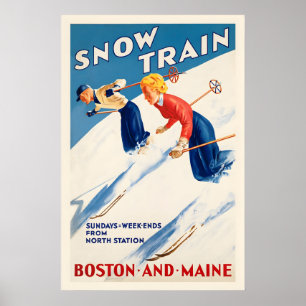 Poster Trens de Neve Esquiando Boston e Maine Esqui Vinta