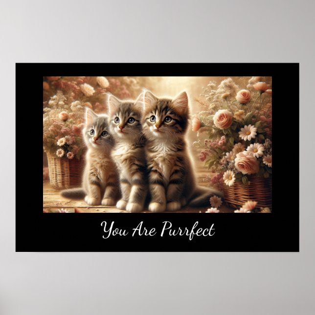 Poster Três Adoráveis Gatinhos Tabby com Flores (Frente)