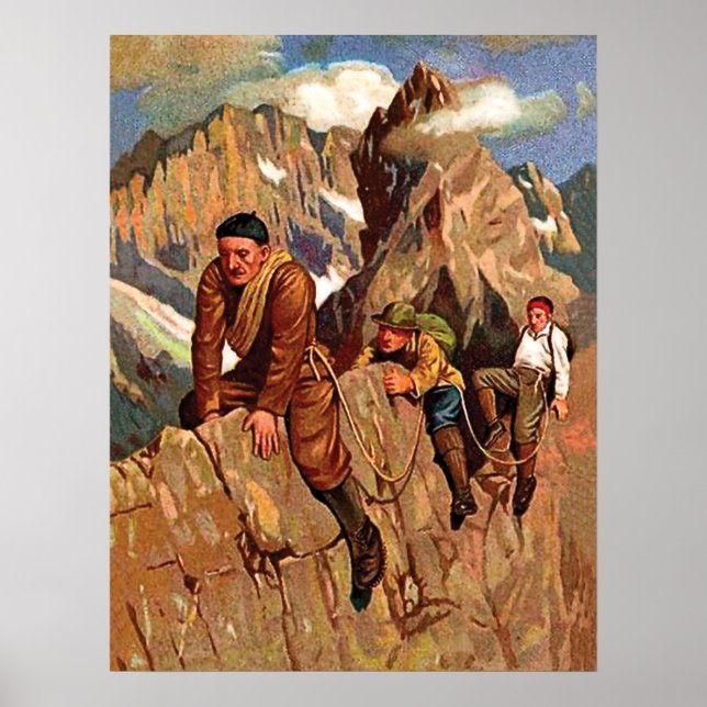 Poster Três alpinistas no pico da montanha, uma colheita  (Frente)