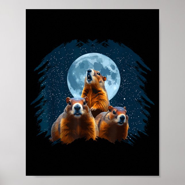 Poster Três Cabeças de Marmota e Lua Feliz Dia da Marmota (Frente)