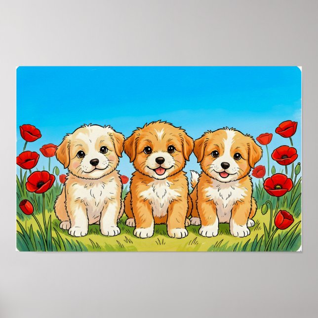 Poster Três Cachorrinhos Fofos & Papoulas Vermelhas (Frente)