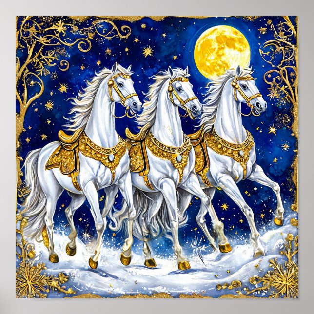Poster Três Cavalos Brancos Sob o Céu Noturno Estrelado (Frente)