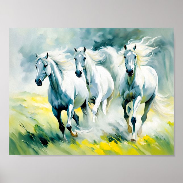 Poster Três Cavalos Que Atravessam O Campo Da Flor (Frente)