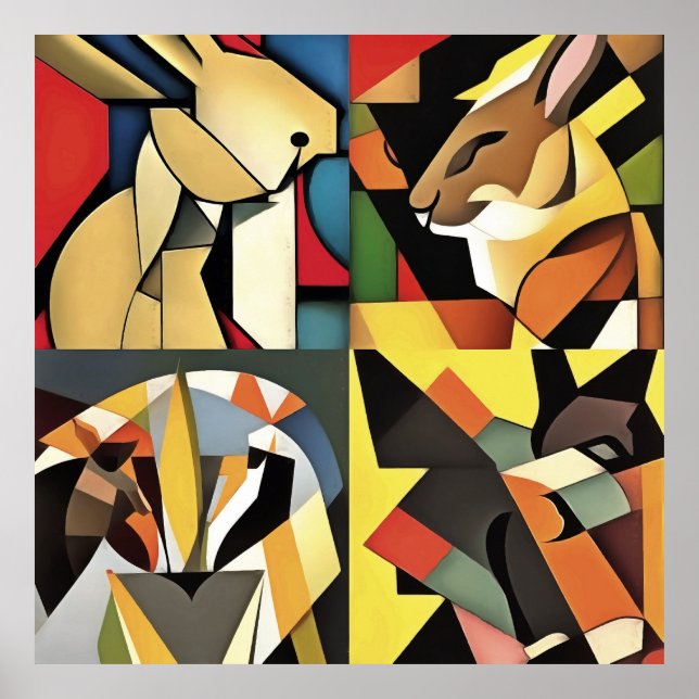 Poster Três Coelhos E Uma Abstrato Geométrica De Leão (Frente)