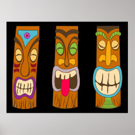 Poster Três Estátuas Tiki de Madeira, Preto Engraçado