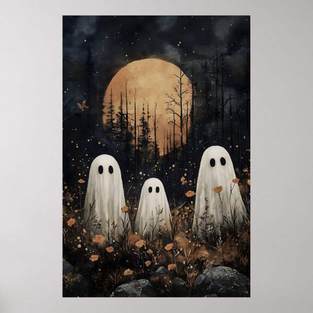 Poster Três fantasmas em campo com flor, dark academia (Frente)