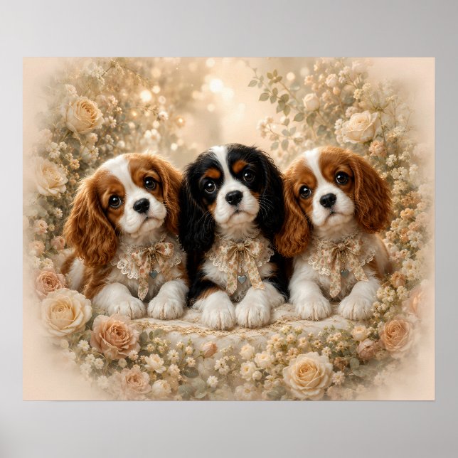 Poster Três Filhotes de Cavalier King Charles Spaniel Jun (Frente)
