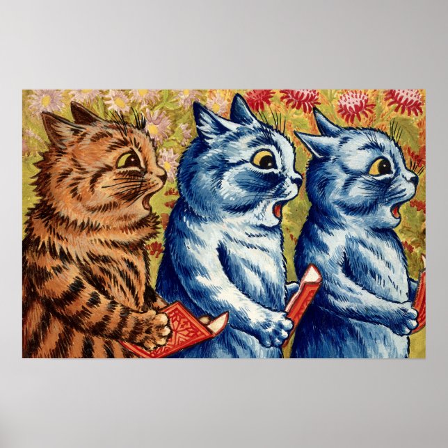 Poster Três gatos cantando. Gouache por Louis Wain, 1925 (Frente)