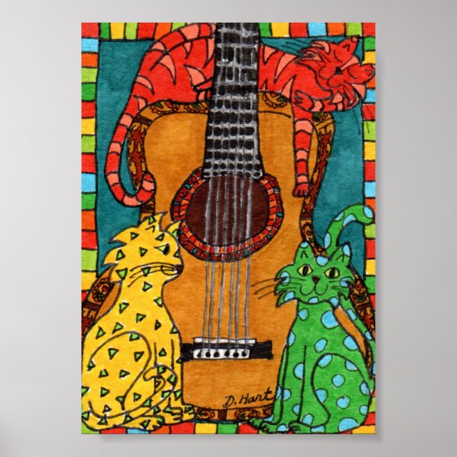 Poster Três Gatos com Mini Arte Folclórica de Violão (Frente)