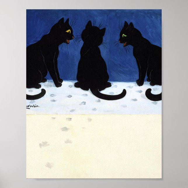 Poster Três Gatos Pretos Na Neve Por Louis Wain (Frente)