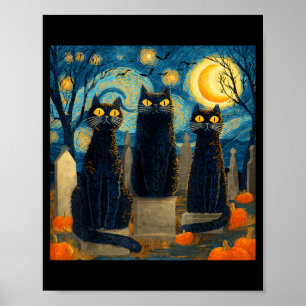 Poster Três Gatos Pretos Noite Estrelada Van Gogh Abóbora